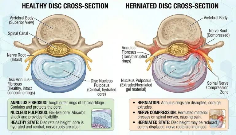 Diagram: a healthy intervertebral disc and a herniated disc pressing on a nerve root